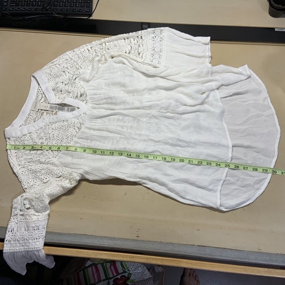 Chicos Lace Detail Popover Tunic Blouse Top Cream Bell Sleeves Feminine Size M - Picture 11 of 12